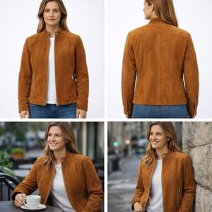 Bernardo Leather Jacket Womens L Cognac Suede Moto Zip Pockets Classic